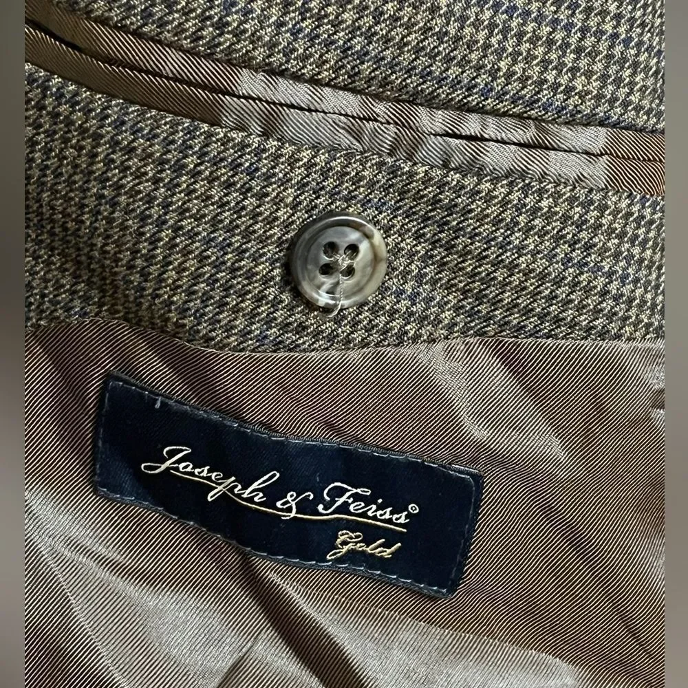 Joseph & Feiss Gold 100% Wool Houndstooth Blazer Suit Jacket 52R 52